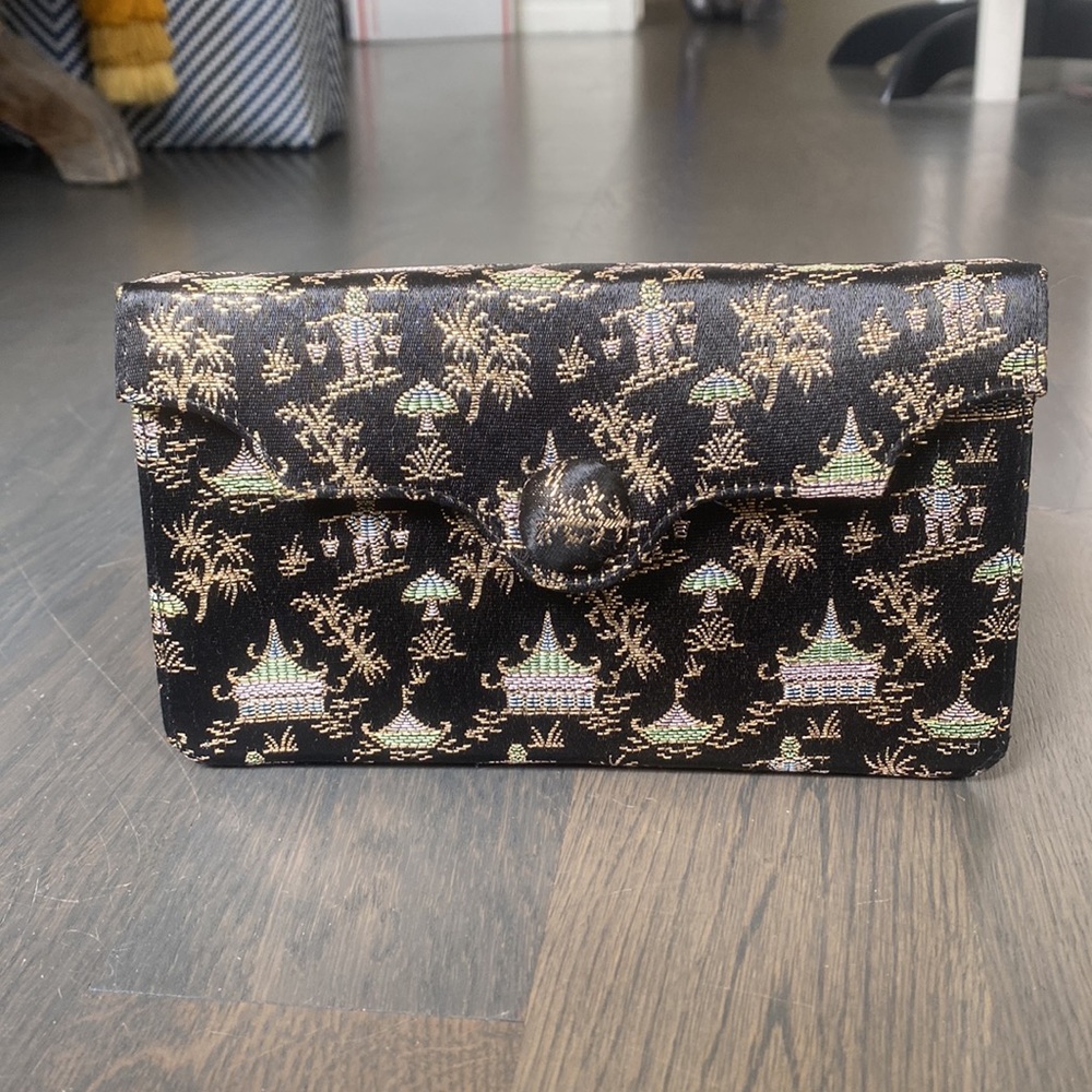 Lin Bren Vintage Black Asian Pattern Hand Clutch